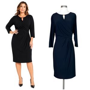 Lauren Ralph Lauren | Black Faux Wrap Ruched Keyhole Sheath Dress Plus Size 16
